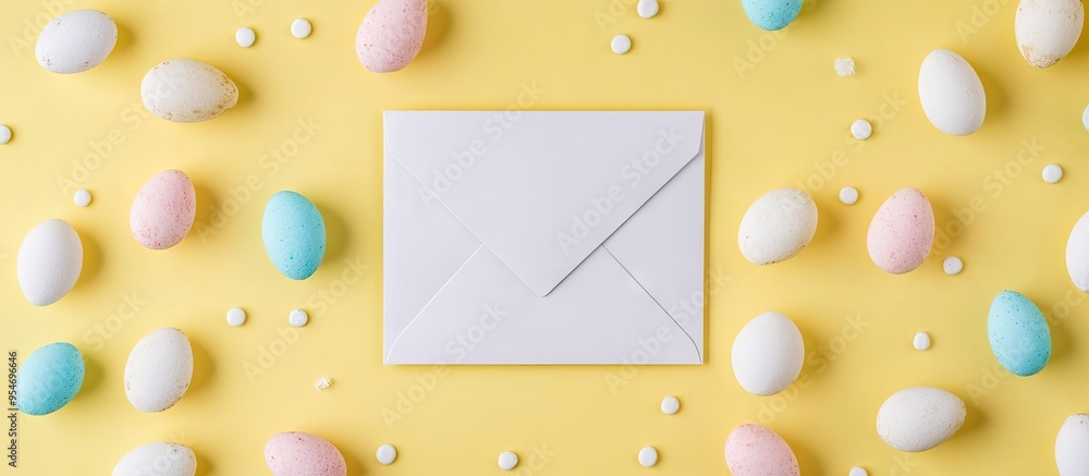 Poster Top view of pink text saying happy easter and a mockup letter with white paper or greeting card in a craft envelope set against a yellow background with sugar sprinkles. with copy space image