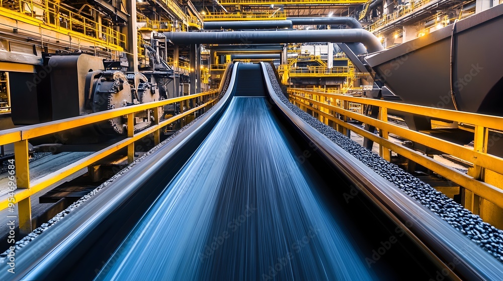 Poster automated conveyor belts in mining facility with iot sensors for efficiency and data driven process 