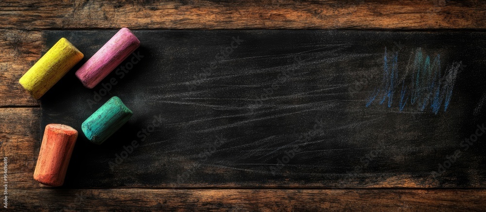 Poster Empty blackboard with vibrant chalk on a wooden surface. with copy space image. Place for adding text or design