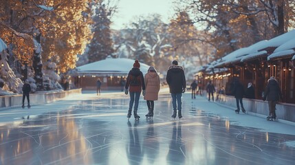 Obraz premium Ice rink at Christmas. Outdoor rink with Christmas decorations, people and cozy atmosphere. People skating on the rink. Winter holidays. Ice skating