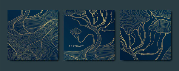 Vector set of asian wave tree landscape illustration, japanese vintage gold, blue labels with nature background, line tradition cards, brochures