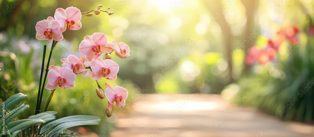 Aufkleber Orchids in a park within a botanic garden environment Copy space available at the bottom on an inviting pathway