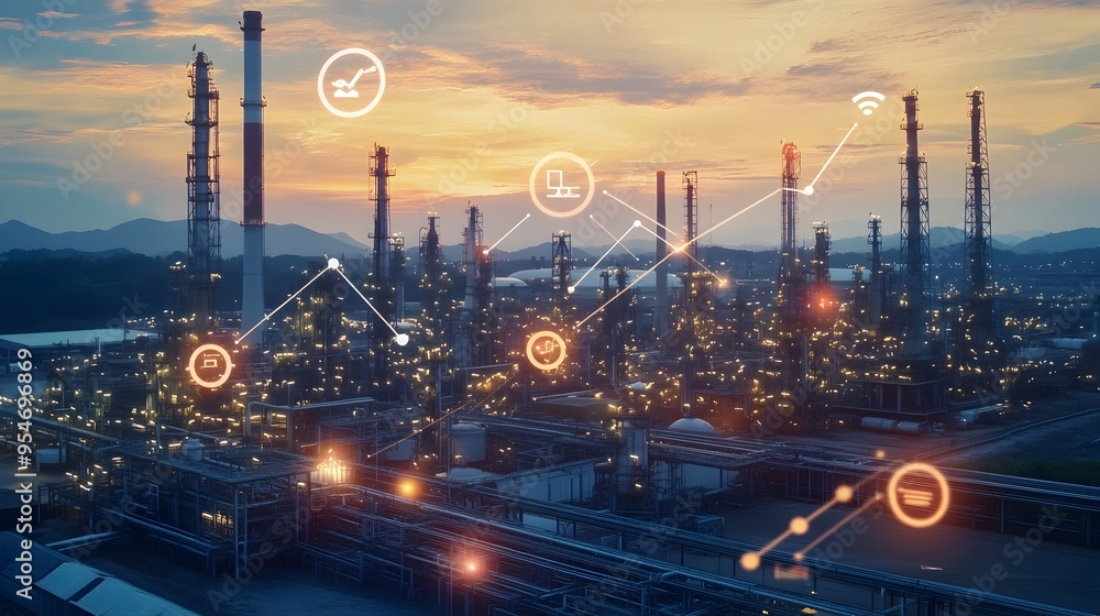 Poster automated oil refinery with iot technology showcasing advanced real time monitoring systems and data