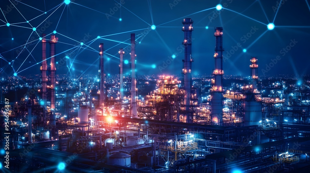 Poster aerial view of an oil refinery with integrated iot sensors automated monitoring systems