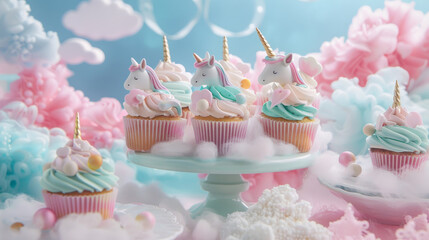 Pastel Unicorn Cupcake Display in Restaurant Setting