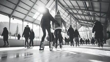 Ice rink at Christmas. Outdoor rink with Christmas decorations, people and cozy atmosphere. People skating on the rink. Winter holidays. Ice skating