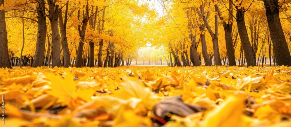 Poster background of yellow fall leaves autumn atmosphere. with copy space image. place for adding text or 