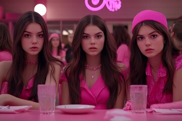 Three teenage girls in a high school cafeteria having a pink theme party.