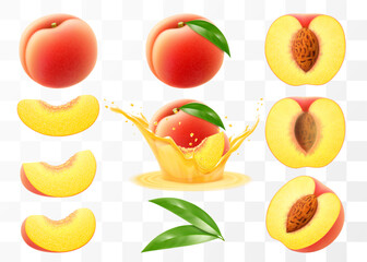 Ripe peaches fruits set. Half, whole and slice of juicy peach, peach in a splash of juice, isolated on transparent background. Realistic 3d vector illustration.