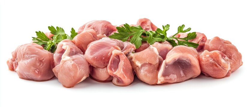 Raw chicken gizzards against a white background. with copy space image. Place for adding text or design