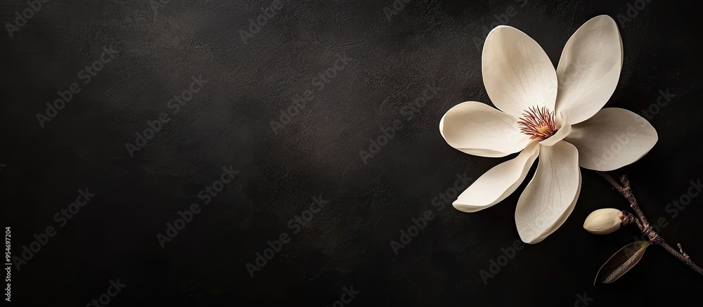 Fototapete magnolia flower bloom isolated on a black background greeting card. with copy space image. place for