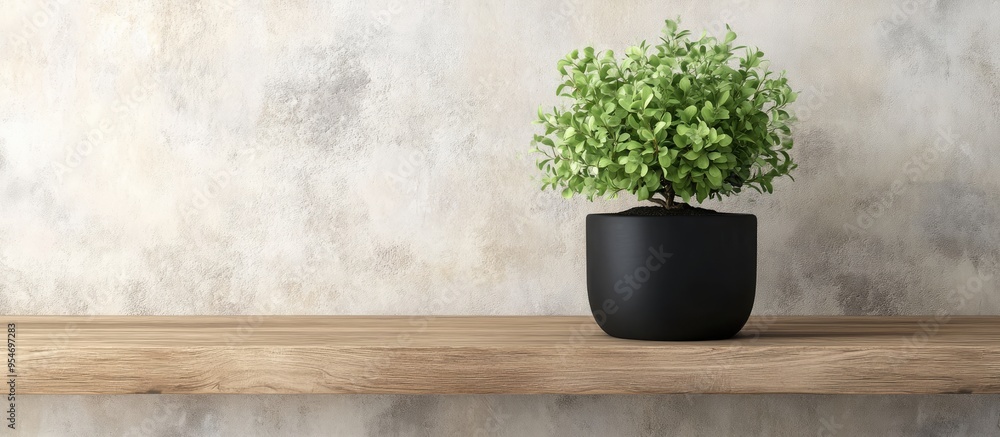 Leinwandbilder close up view of a flowering plant in a black pot on a wooden shelf houseplant idea. with copy space