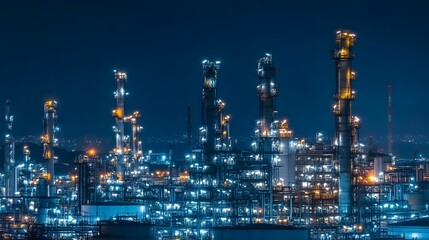 Fototapeta premium A photograph of an oil refinery at night its industrial facilities and machinery illuminated by IoT technology to enhance efficiency and safety