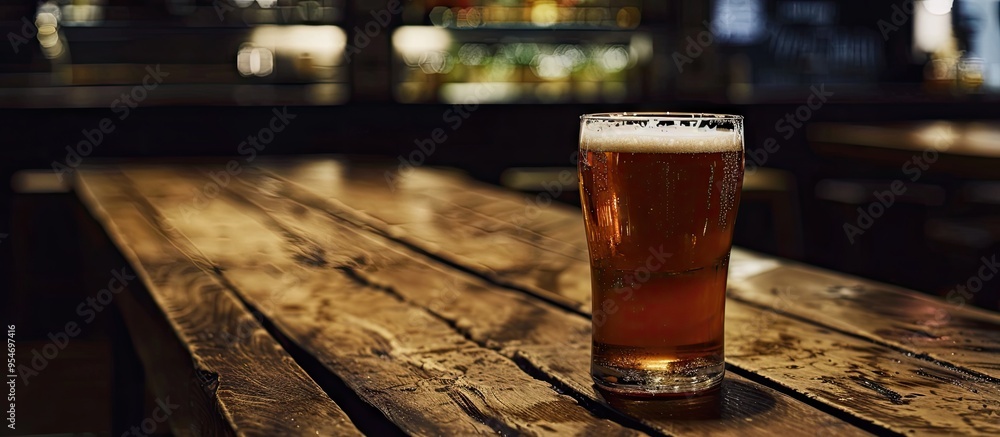 Poster Dark beer in a glass on a table in a pub with copyspace for a menu text