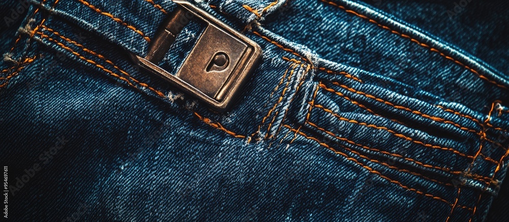 Poster jeans background a lock in the shape of lightning on the trousers closeup of denim fabric textures o