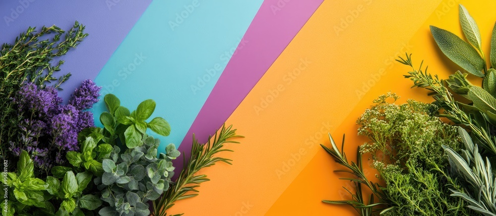 Fototapete arrangement of various herbs on a colorful background. with copy space image. place for adding text 
