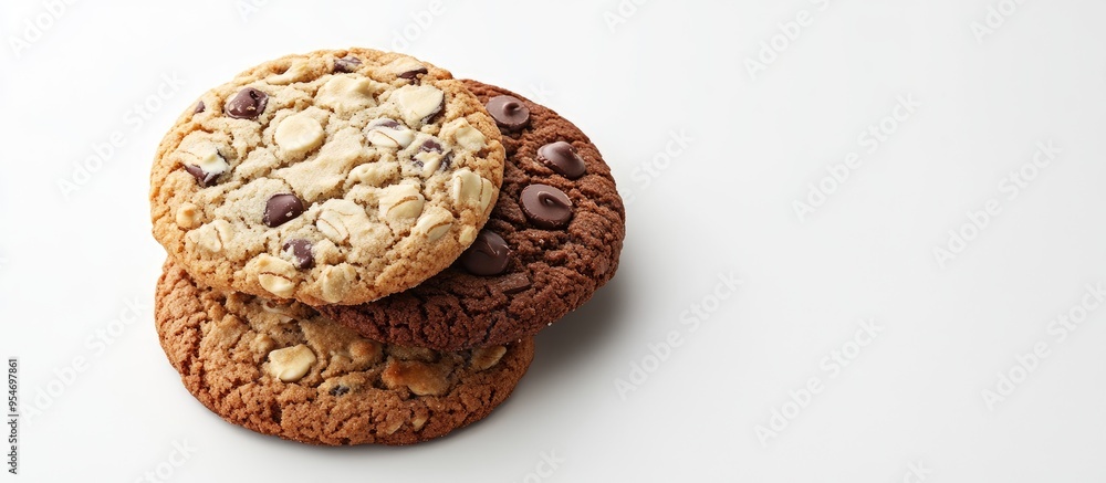 Fototapete assorted cookies including chocolate chip oatmeal raisin and white chocolate. with copy space image.