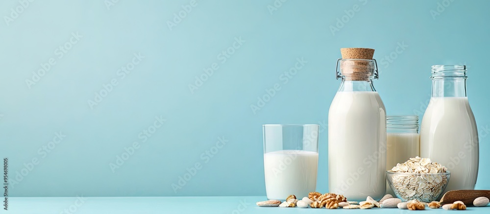 Aufkleber ingredients for creating different plant based lactose free vegan milks alongside bottles of milk se
