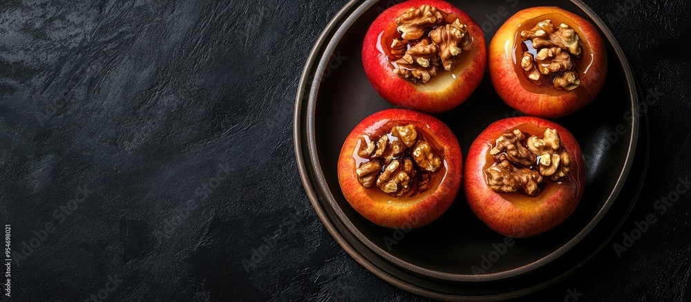 Aufkleber baked apples filled with walnuts and honey on a brown plate set against a black background a healthy
