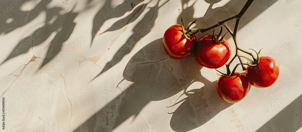 Fototapete top view of two tomato branches resting on a light background flat lay featuring copy space