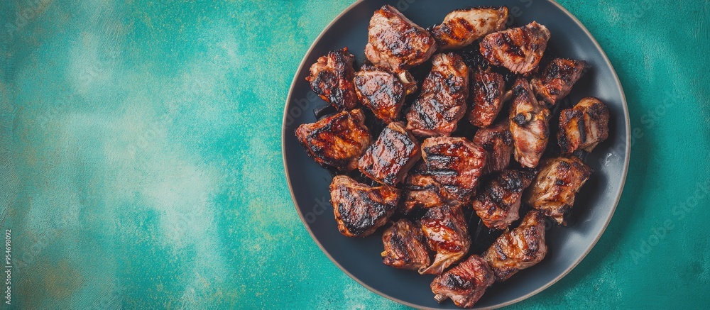Poster advertising concept for a restaurant a plate on a table featuring a pile of meat cooked on a charcoa