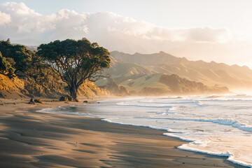 Golden sunrise on a serene beach with a solitary tree. Generative AI image