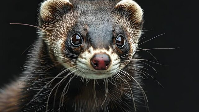 Close-up of european polecat on black background, wildlife portrait concept