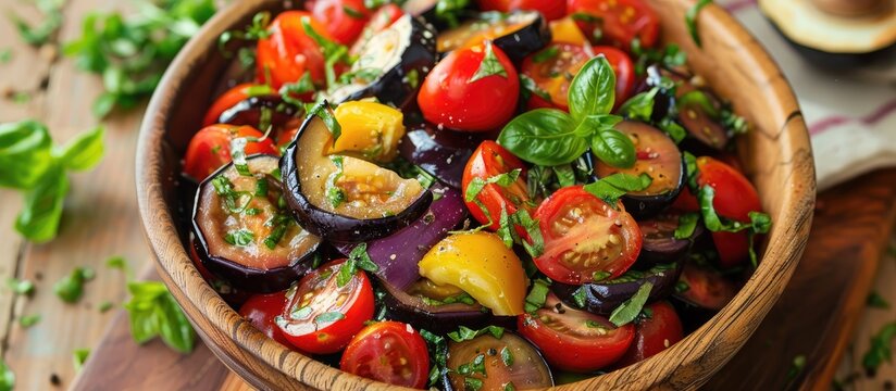 Tasty scarlet eggplant jilo perfectly cooked in a salad with cherry tomatoes presented in a wooden pot with copy space
