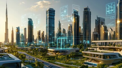 Obraz premium AI integration in modern architecture. Modern buildings designed by AI.