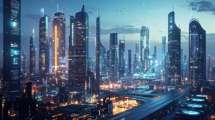Obraz premium AI integration in modern architecture. Modern buildings designed by AI.
