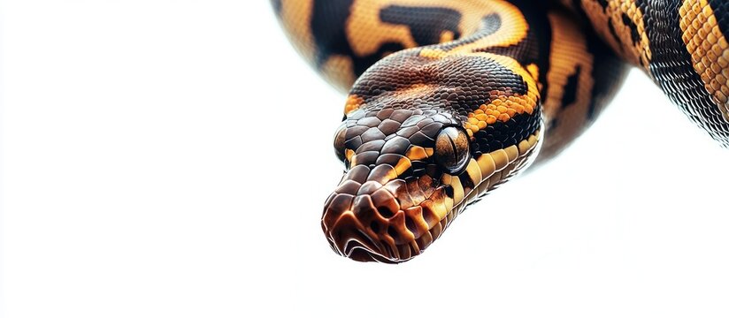 Tiger ball python Python regius set against a white background. with copy space image. Place for adding text or design