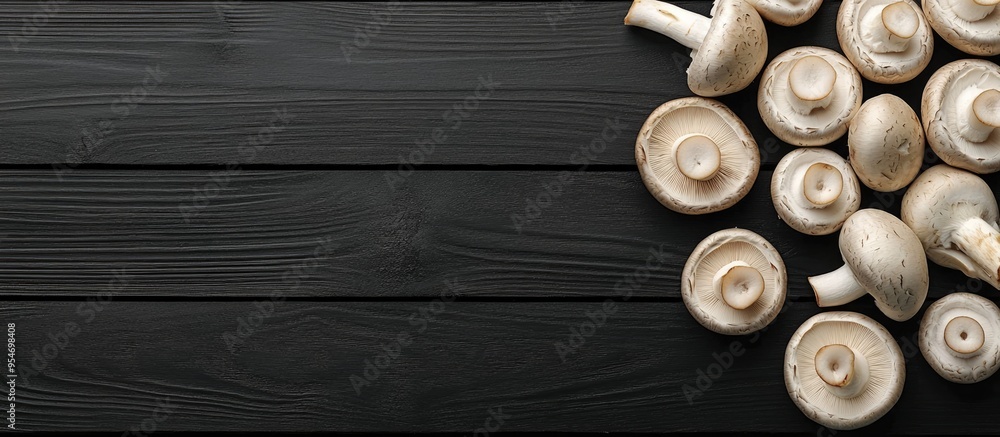 Leinwandbilder whole and sliced white champignon mushrooms on a black wooden surface. with copy space image. place 