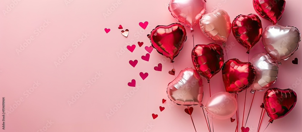 Aufkleber pattern of a red heart shaped balloon on a pink background with a top view flat lay and copy space l