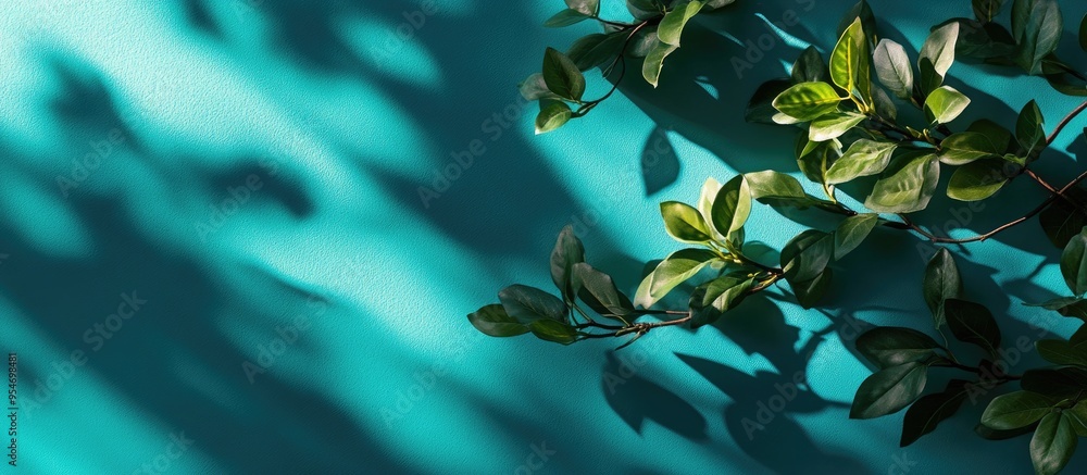 Poster Abstract diagonal shadows of tree leaves on a mint blue wall texture Concept background featuring trendy colored natural lighting Copy space for text overlay poster mockup flat lay top view