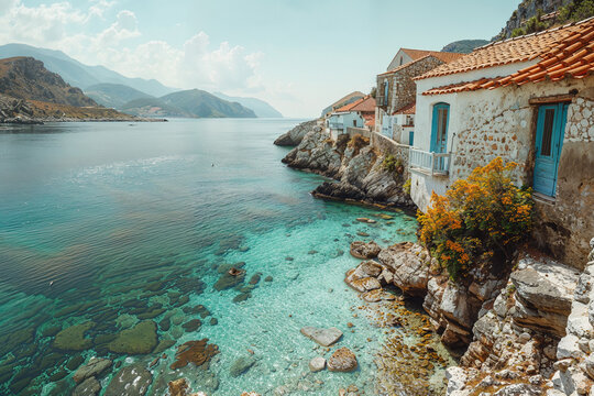 Seaside village with crystal-clear waters and rugged cliffs. Generative AI image