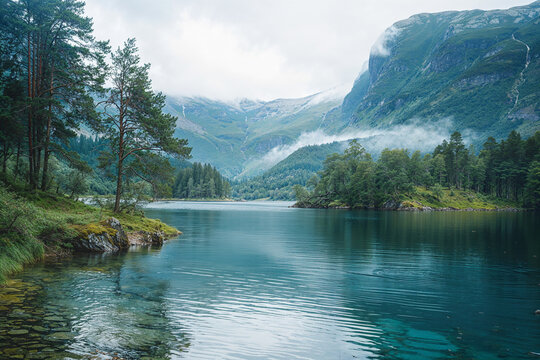 Tranquil lake bordered by forests and misty mountains. Generative AI image