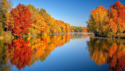 Fototapeta premium A serene lake reflecting vibrant autumn foliage under a clear blue sky.
