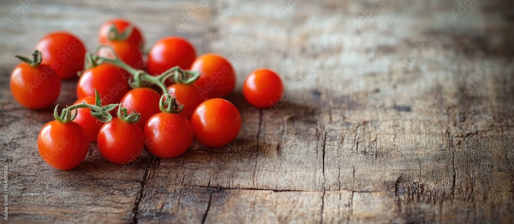 Poster fresh ripe mini organic tomatoes on a weathered wooden surface. with copy space image. place for add
