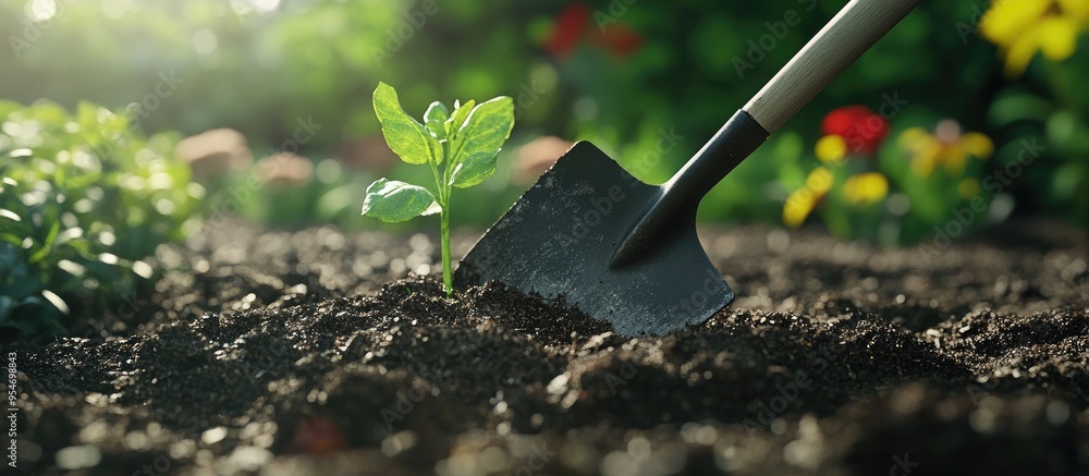 Aufkleber the spade tills the garden soil. with copy space image. place for adding text or design