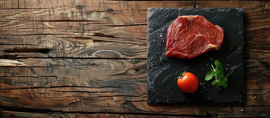 Raw beef steak on a black slate tray set against a rustic wooden background top view copy space