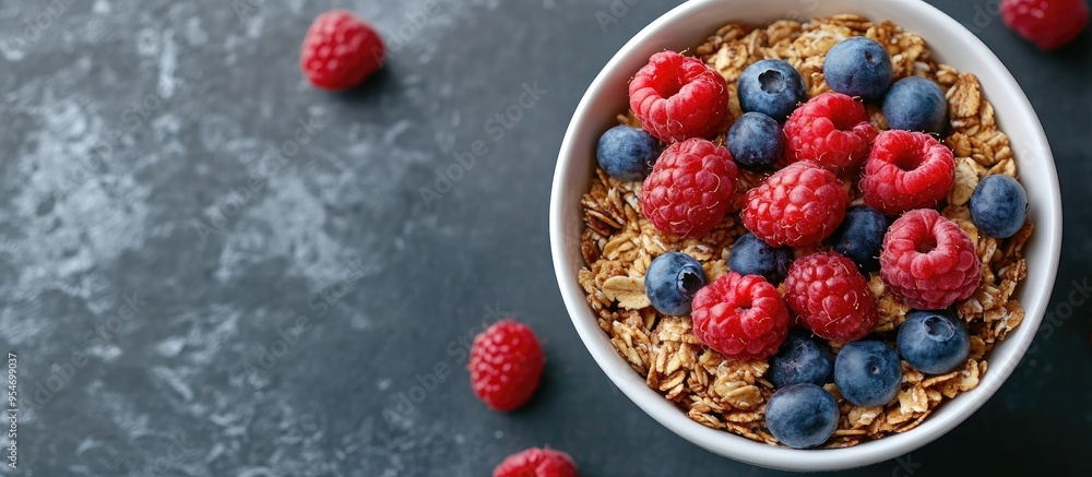 Poster delicious superfood idea granola bowl featuring raspberry and blueberry as a nutritious breakfast op