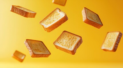 Crispy Toast Slices Soaring from Toaster on Yellow Background