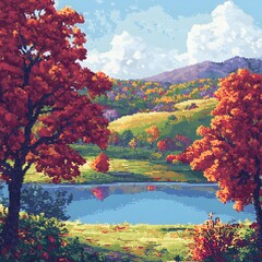 Obraz premium Vibrant Pixel Art Landscape with Serene Lake and Autumn Foliage