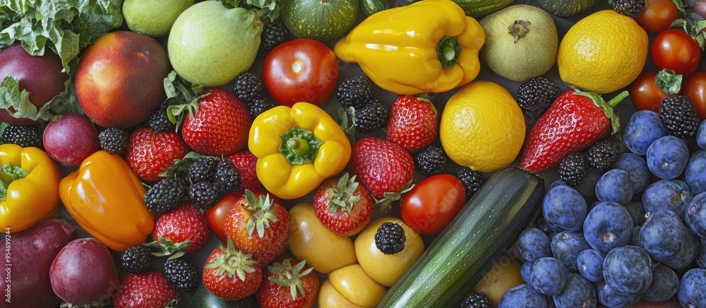 Fototapete vibrant fruits and vegetables. with copy space image. place for adding text or design