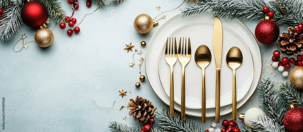Poster Plates with gold cutlery set against a Christmas decoration background Flat lay top view. with copy space image. Place for adding text or design