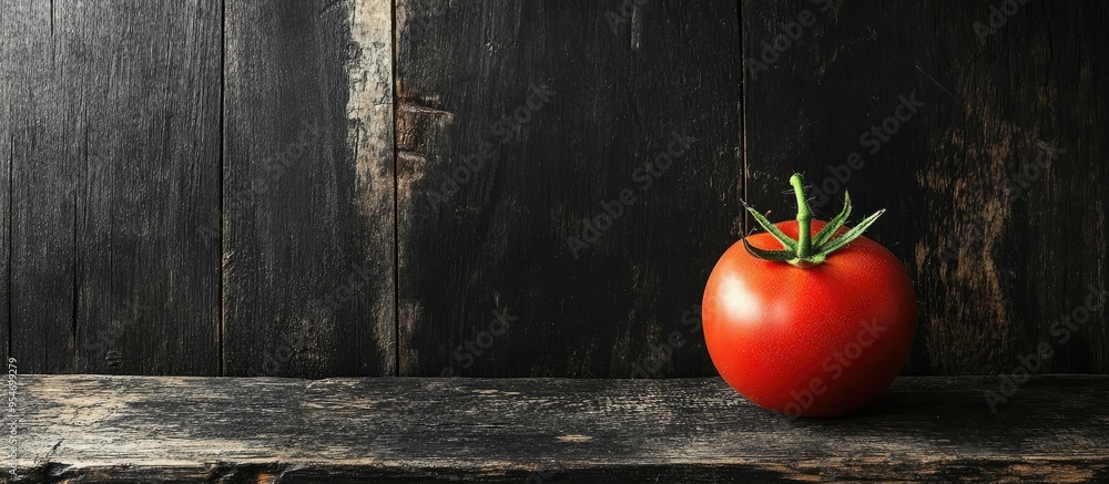 Poster a single tomato on a rustic black wooden table. with copy space image. place for adding text or desi