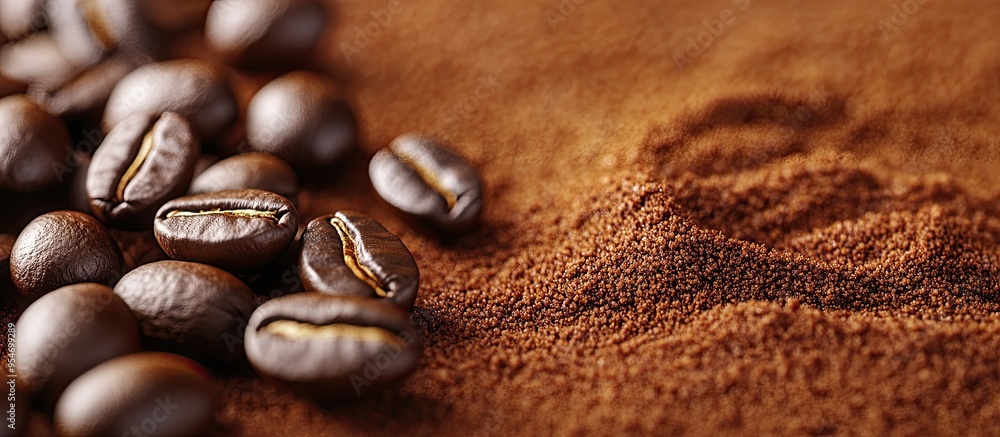 Aufkleber freshly ground coffee and coffee beans for the morning meal. with copy space image. place for adding