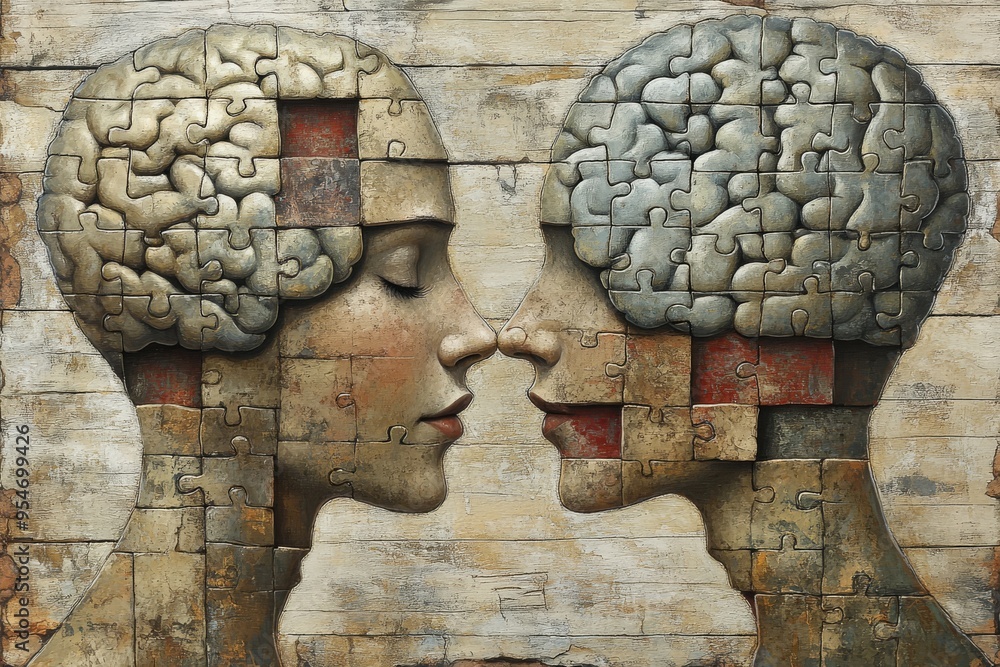 Poster neurotransmission hierarchical stone carved heads with puzzle piece brains symbolizing the enduring 