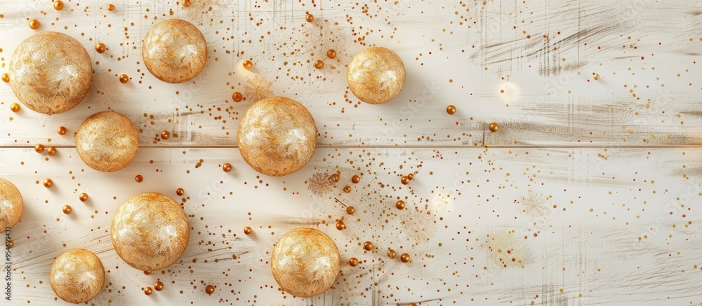 Poster New Year or Christmas pattern flat lay top view featuring decorative golden toy balls and sparkles on a white wooden background Copy space template frame for your greeting card text design