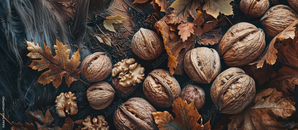 Poster textured vintage paper background featuring freshly harvested walnuts. with copy space image. place 